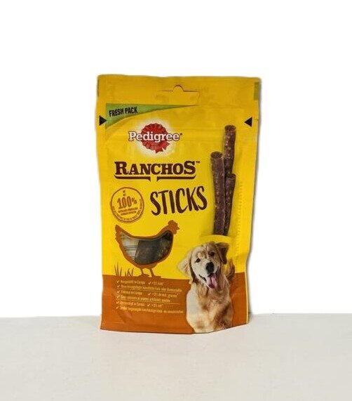 Pedigree Ranchos Chicken Liver Sticks papildbarība pieaugušiem suņiem (vistu aknas gabali)